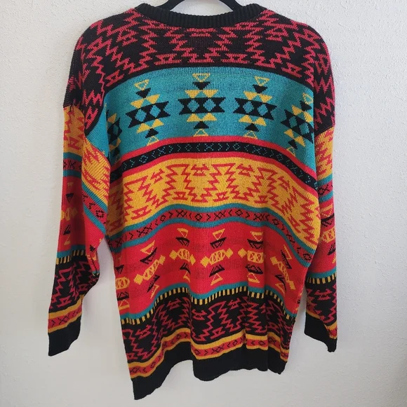 Vintage Colorful Southwestern Aztec Print Sweater Women's M/L By Rose USA - Picture 2 of 3